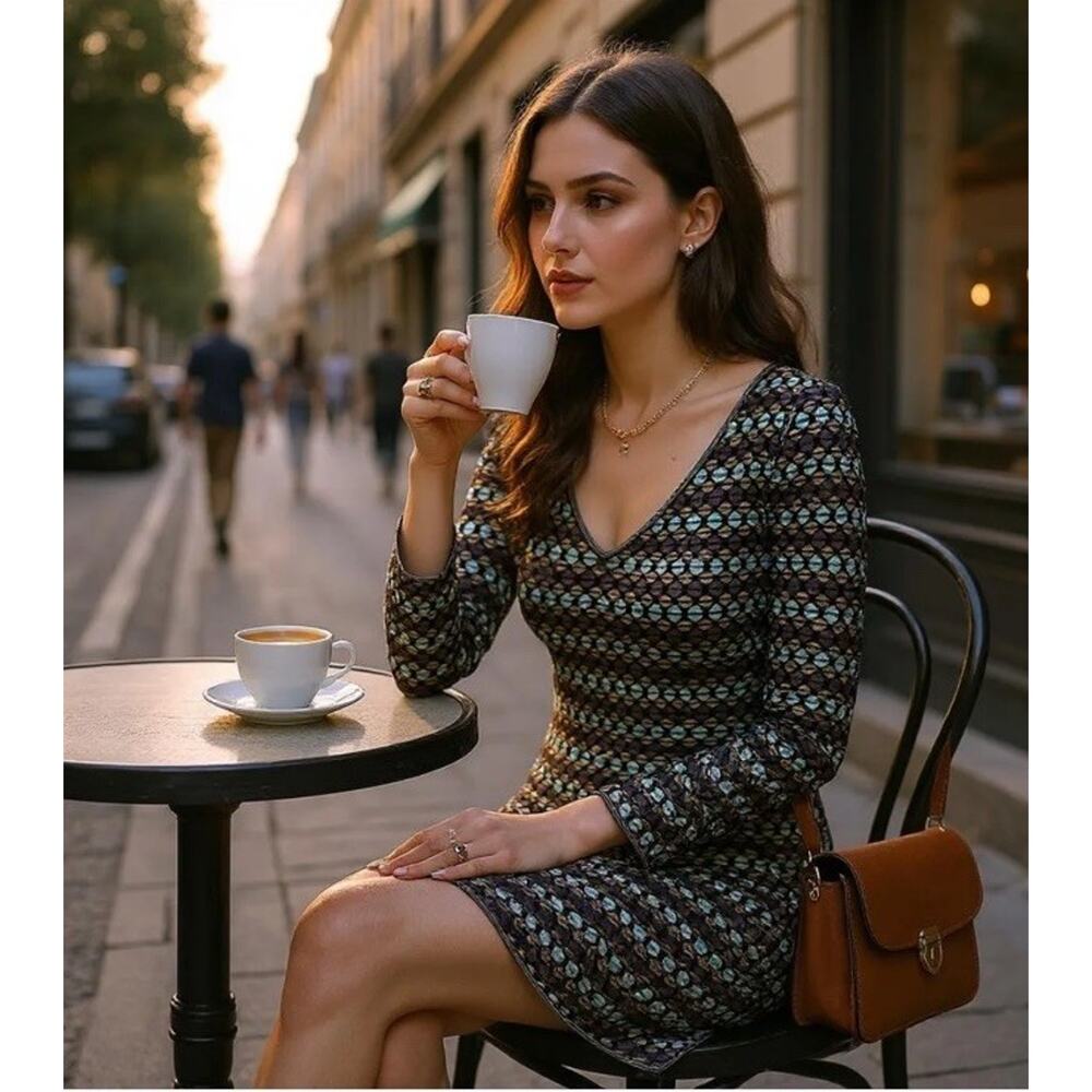 M Missoni Womens Italy Knit Long Sleeve Aqua Purple Tan Sexy Stripe Dress M 6